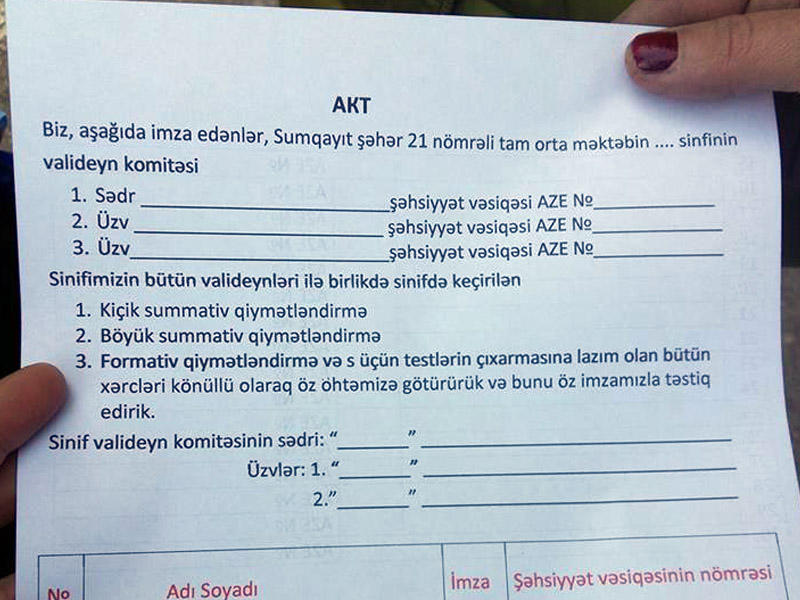Azərbaycan təhsilində "YENİLİK" - Valideynlərə RÜŞVƏT SƏNƏDİ imzalatdırılır? - FOTO