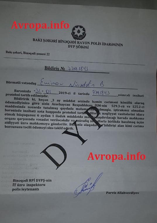 Azərbaycanda ilginc olay : DYP tələbəyə “avtobus sürücüsü” adı ilə 5 müxtəlif cərimə yazdı - FOTO