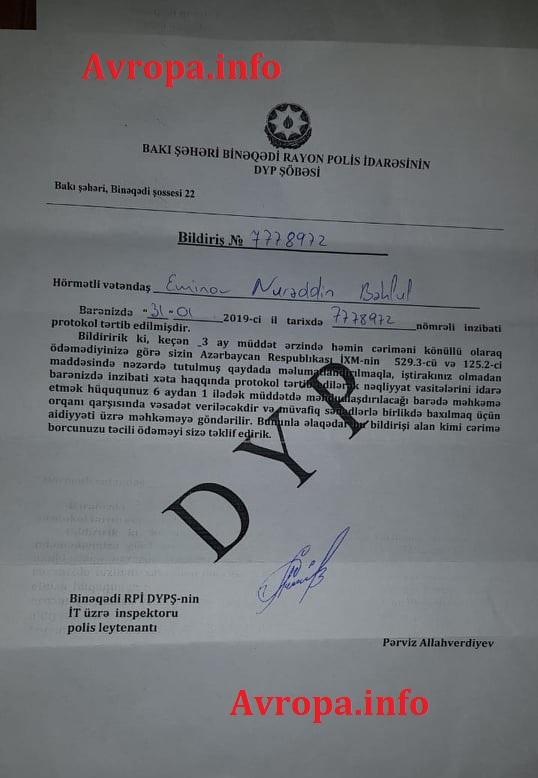 Azərbaycanda ilginc olay : DYP tələbəyə “avtobus sürücüsü” adı ilə 5 müxtəlif cərimə yazdı - FOTO