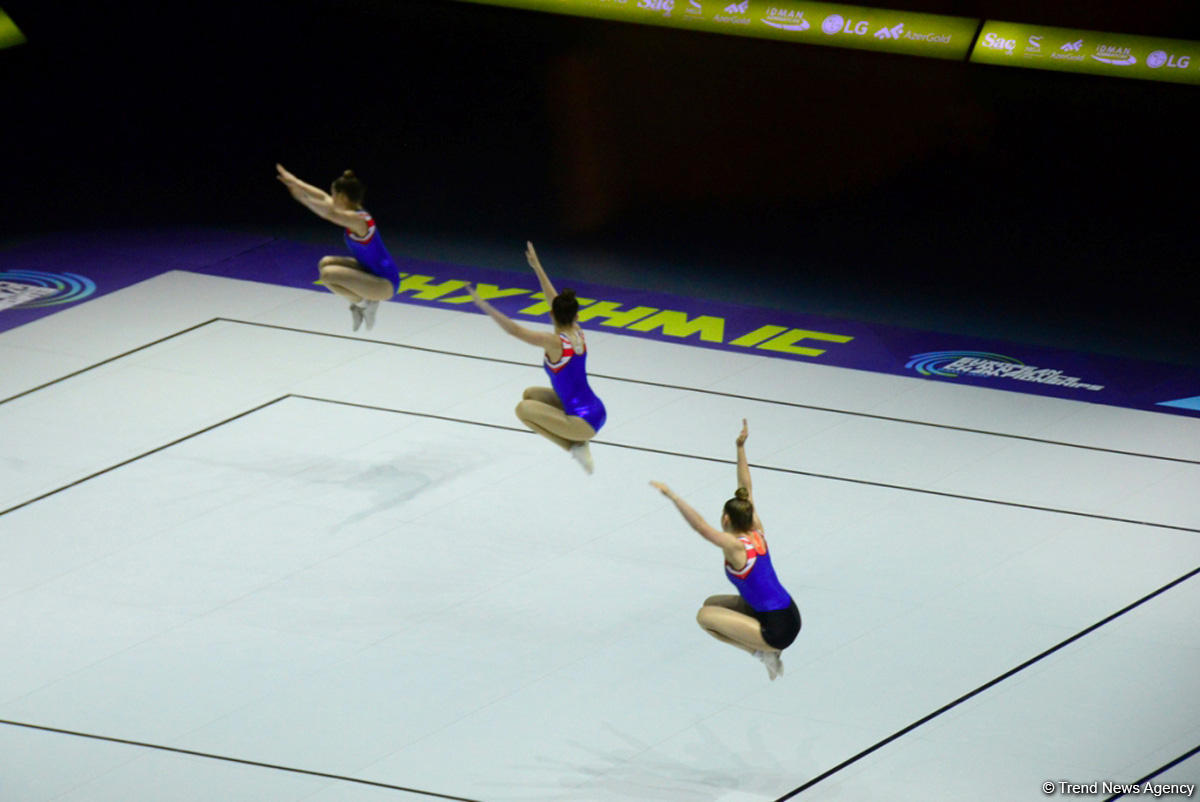 Milli Gimnastika Arenasında aerobika gimnastikası üzrə Avropa çempionatının iştirakçılarının podium məşqləri keçirilir - FOTOREPORTAJ