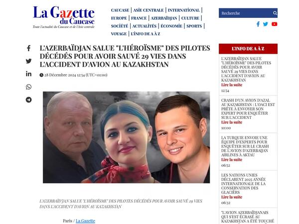 “La Gazette du Caucase” AZAL ekipajının göstərdiyi peşəkarlıq və qəhrəmanlıqdan yazdı